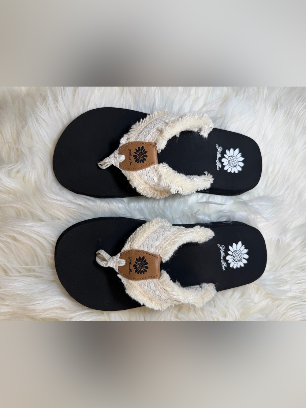 Yellow Box Cream Braided Plush Flip-Flop Sandals with Black Footbed